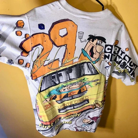 vintage 1996 NASCAR CARTOON NETWORK WACKY RACING FLINTSTONES AOP tee shirt M - Picture 4 of 4